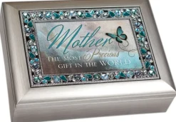 Brushed Silver Finish Decorative Jewel Lid Musical Music Jewelry Box - Plays Wind Beneath My Wings